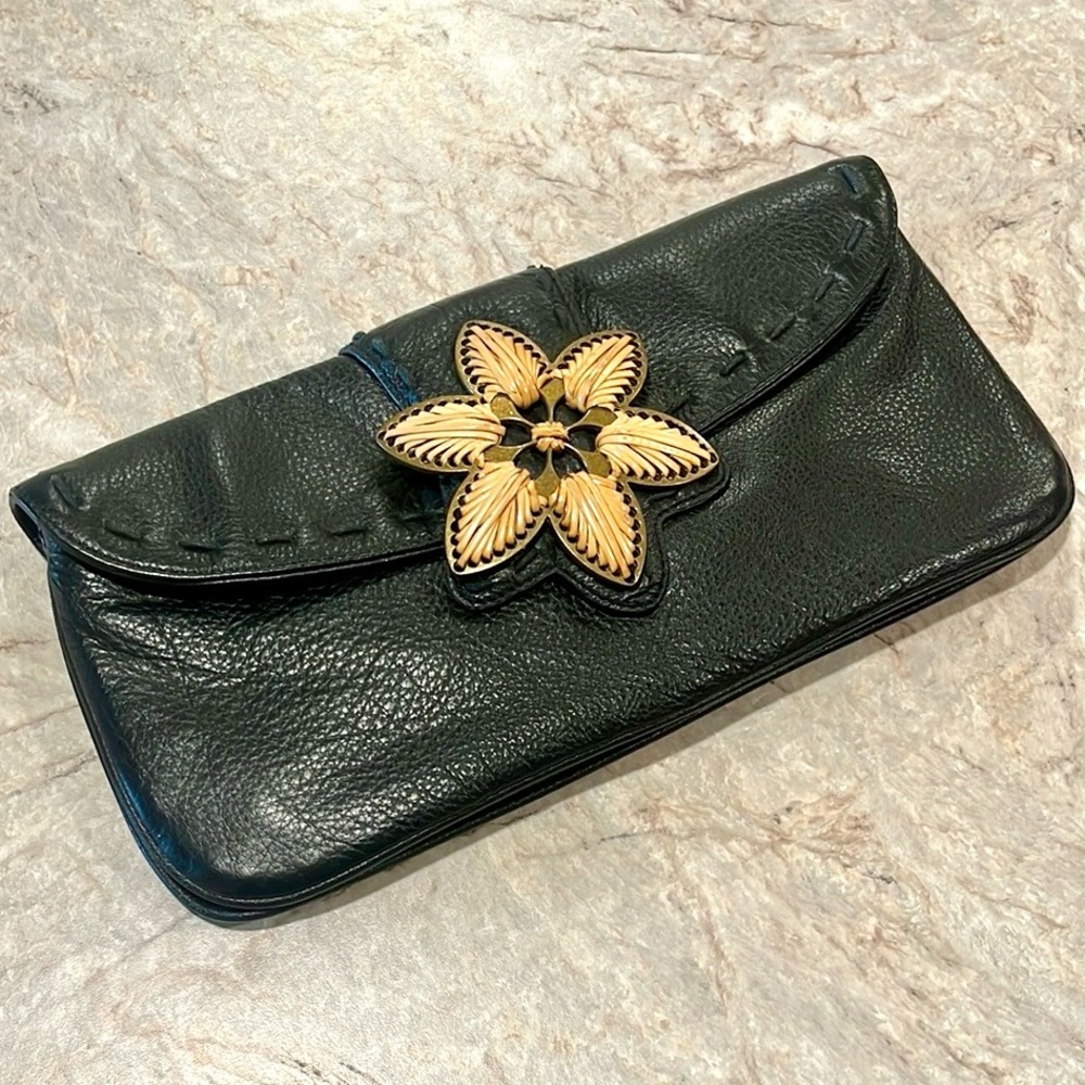 Coldwater Creek Black Pebble Leather Clutch Brass & Tan Floral Embellishment